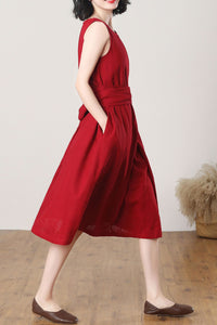 Red Sleeveless Midi Linen Dress C3262