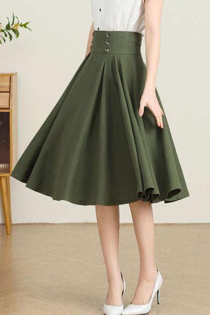 Green Pleated Swing Skirt with Pockets C4729