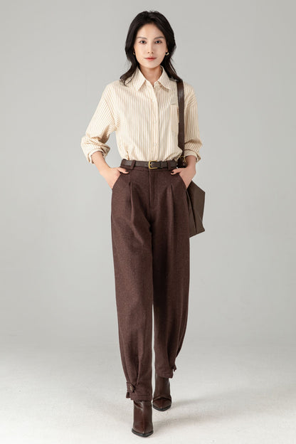 Brown Wool Tapered Trousers: Women’s Vintage-inspired Lantern Pants C5340