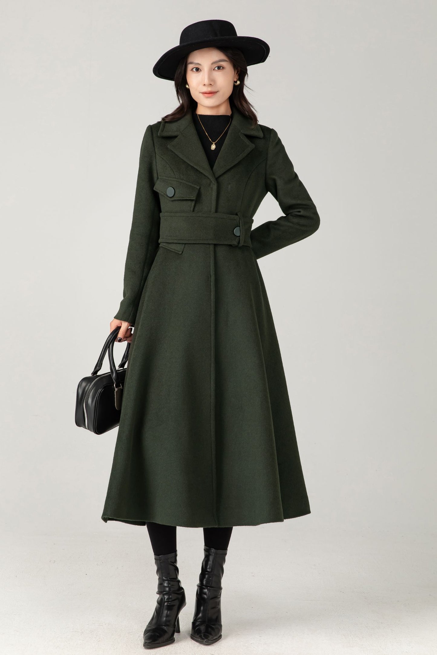 Green Wool Coat: Women’s Tailored Belted A-Line Winter Overcoa C5336