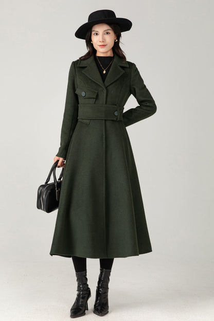 Green Wool Coat: Women’s Tailored Belted A-Line Winter Overcoa C5336