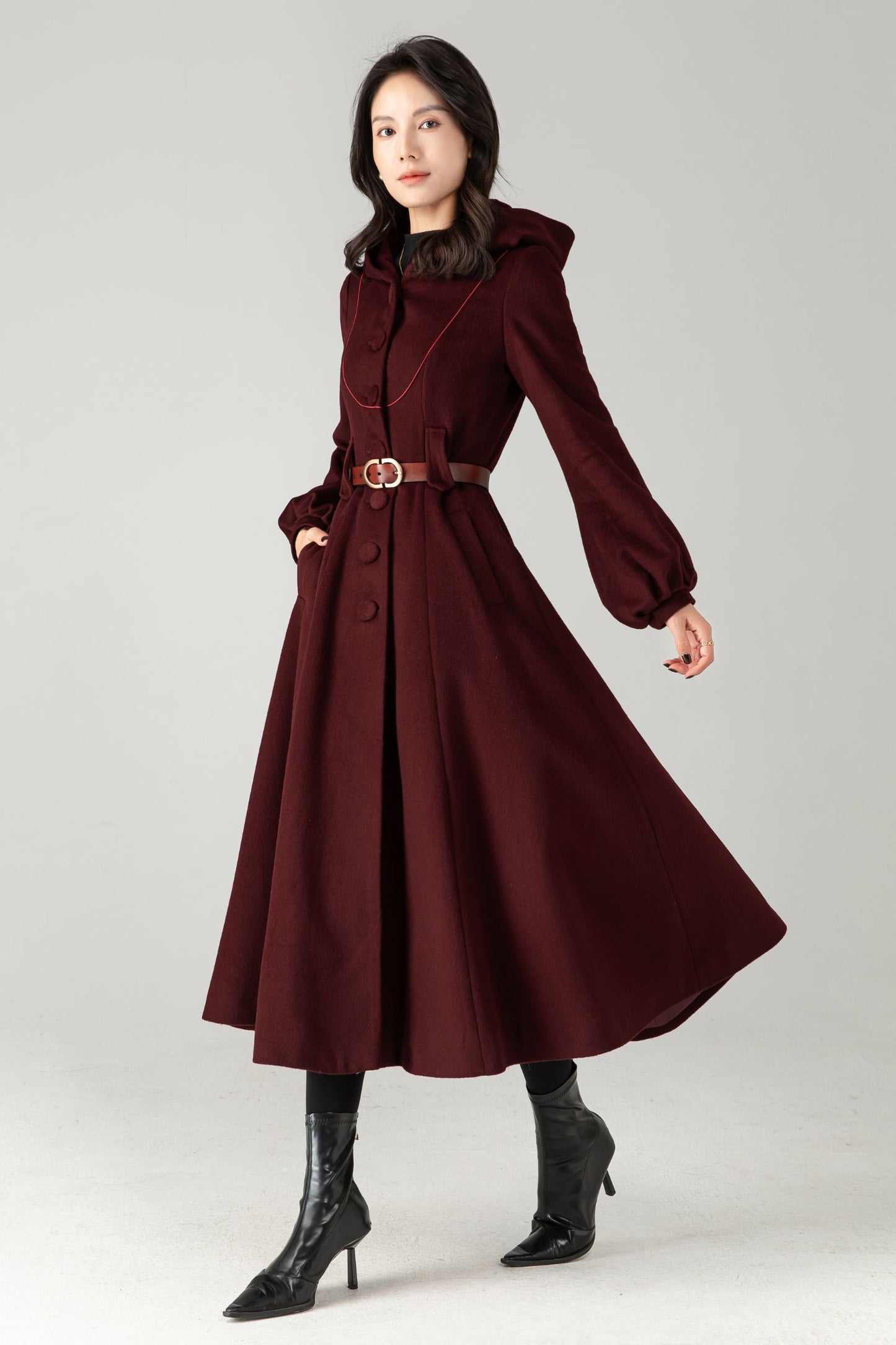 Burgundy Wool Blend Hooded Coat: Retro Belted A-Line Long Winter Coat C5343
