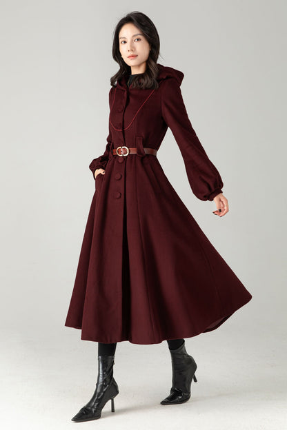 Burgundy Wool Blend Hooded Coat: Retro Belted A-Line Long Winter Coat C5343