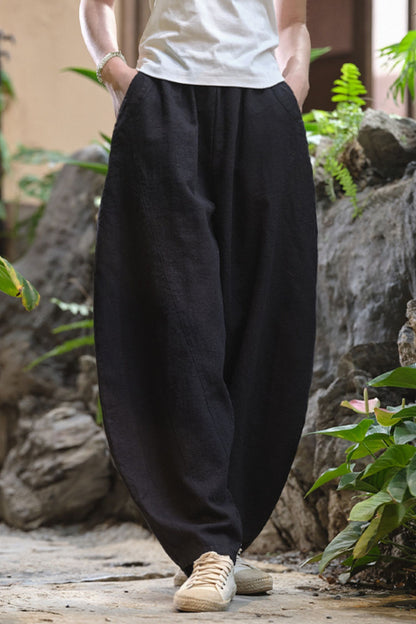 Beige Linen Lantern Pants - High Waist, Wide Leg Relaxed Fit L0616
