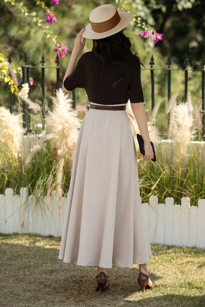 Beige Linen Cotton Maxi Skirt: High Waisted A-Line Summer Skirt, Ylistyle C5443