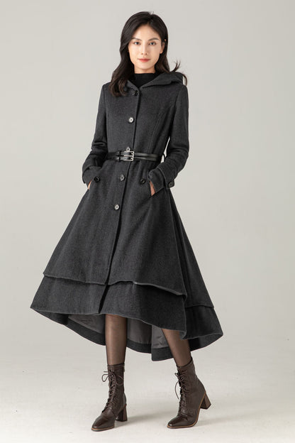 Gray Hooded Wool Blend Coat: Belted High-Low Maxi Swing Winter Overcoat, Ylistyle C5374