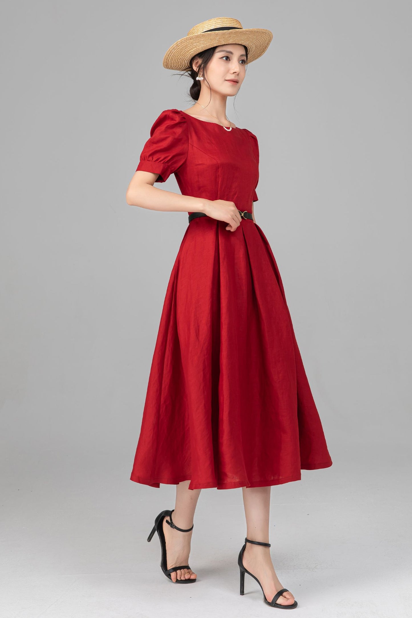 Red Linen Puff Sleeve Midi Dress - A-Line Bow Waist | Ylistyle C5517