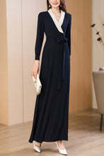 Load image into Gallery viewer, Navy blue spring and autumn V-neck long dress C4172
