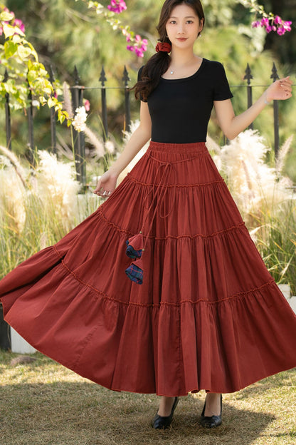 Rust Corduroy Tiered Maxi Skirt – Elastic Waist Boho Pleated Skirt C5436