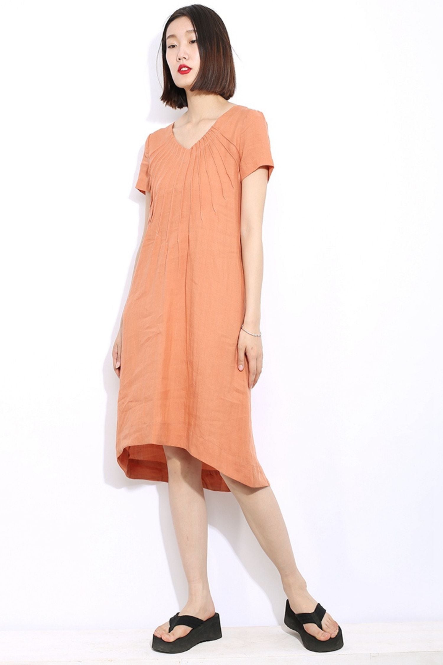 knee length dresses for ladies Summer Social Stain Pleated Cutout Waist Loose Midi Dress – roschic