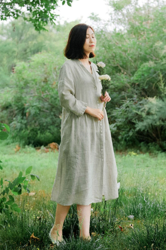 V-neck high waist Linen dress C3888