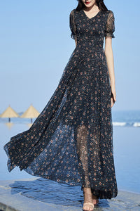 Black floral chiffon V-neck dress C4084