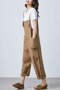 Summer brown casual adjustable linen overalls C1681