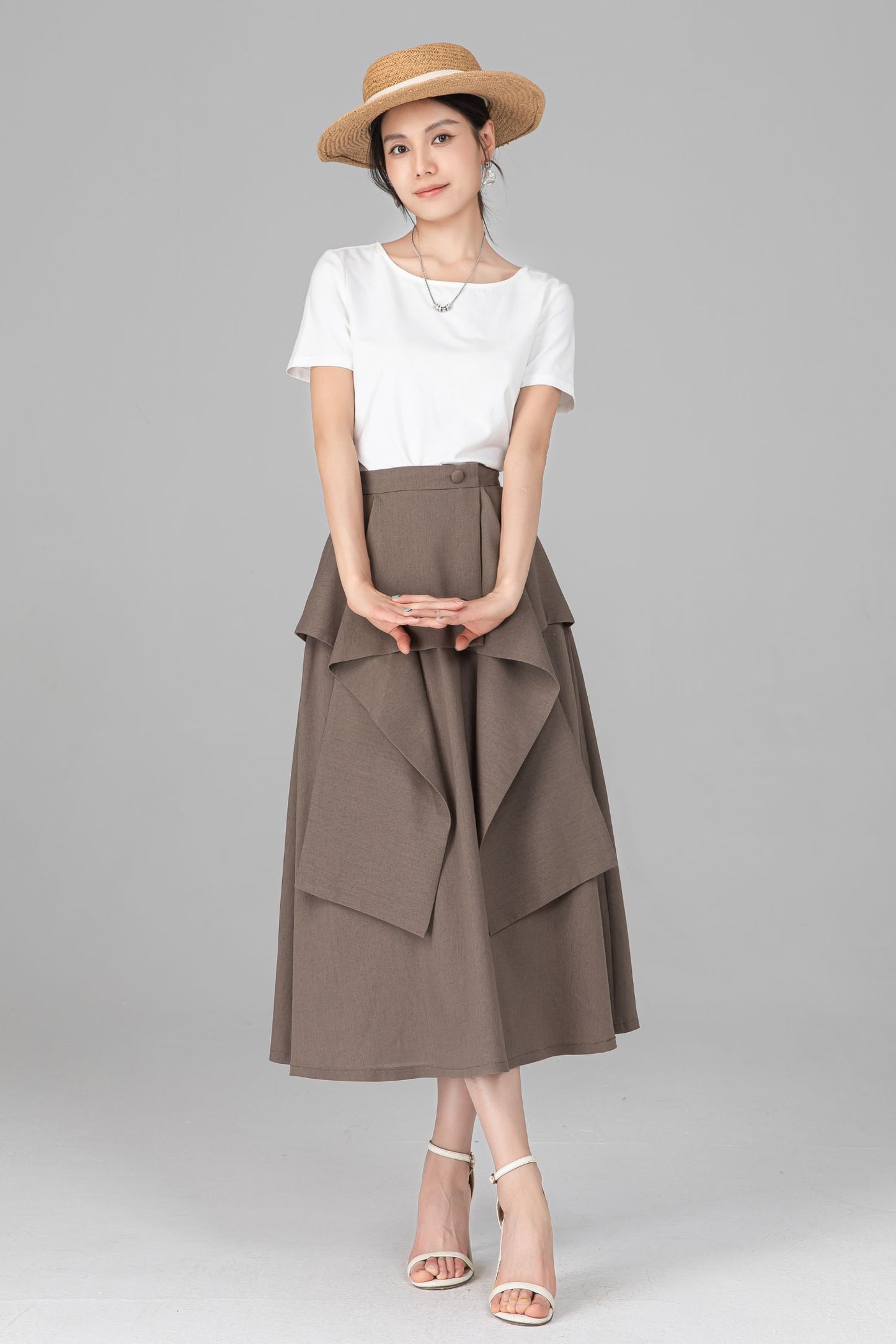 Khaki Linen Cotton Midi Skirt - Asymmetrical Layered Ruffle A-Line C5521