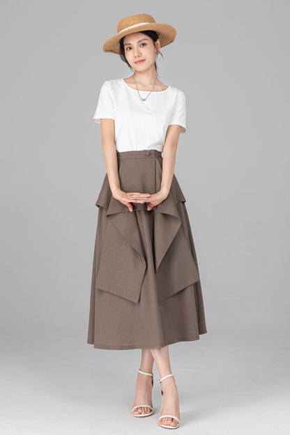 Khaki Linen Cotton Midi Skirt - Asymmetrical Layered Ruffle A-Line C5521
