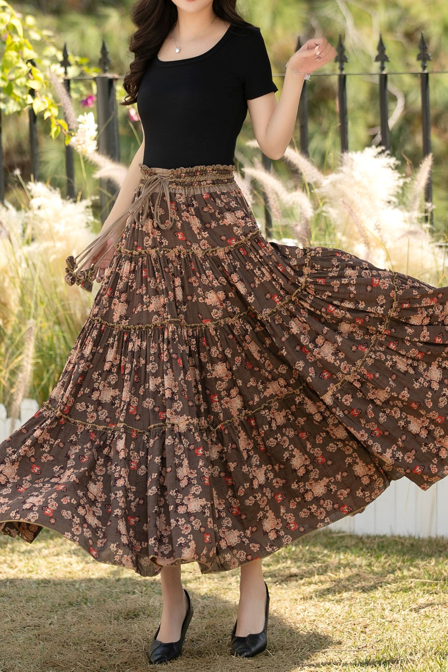 Brown Cotton Maxi Skirt - Floral Print, High Waisted Pleated c5440