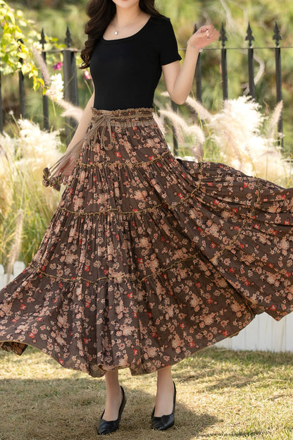 Brown Cotton Maxi Skirt - Floral Print, High Waisted Pleated c5440