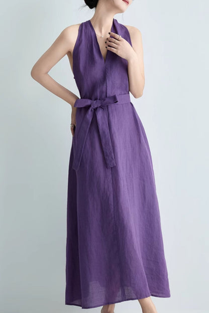 Purple loose fitting summer linen dress C5064