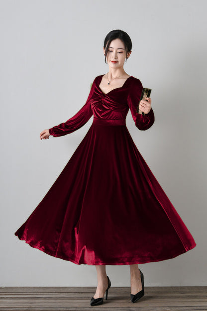 Elegant Burgundy Velvet Long Dress C4699