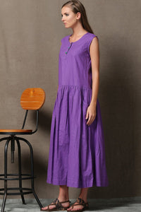 Purple Linen Dress - Loose-Fitting Fit and Flare Sleeveless Womens Dress with Pockets C541