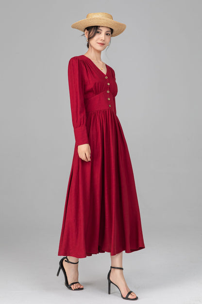 Red Linen Midi Dress - Button Front, V-Neck, Long Sleeve c5516