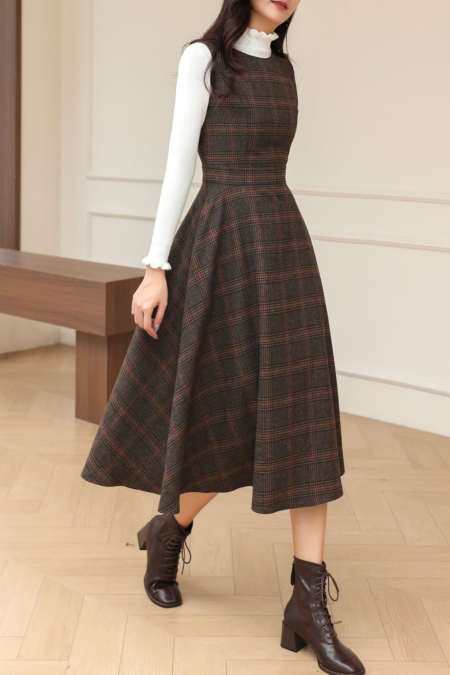 Winter Sleeveless Pinafore Plaid Wool Dress C5192