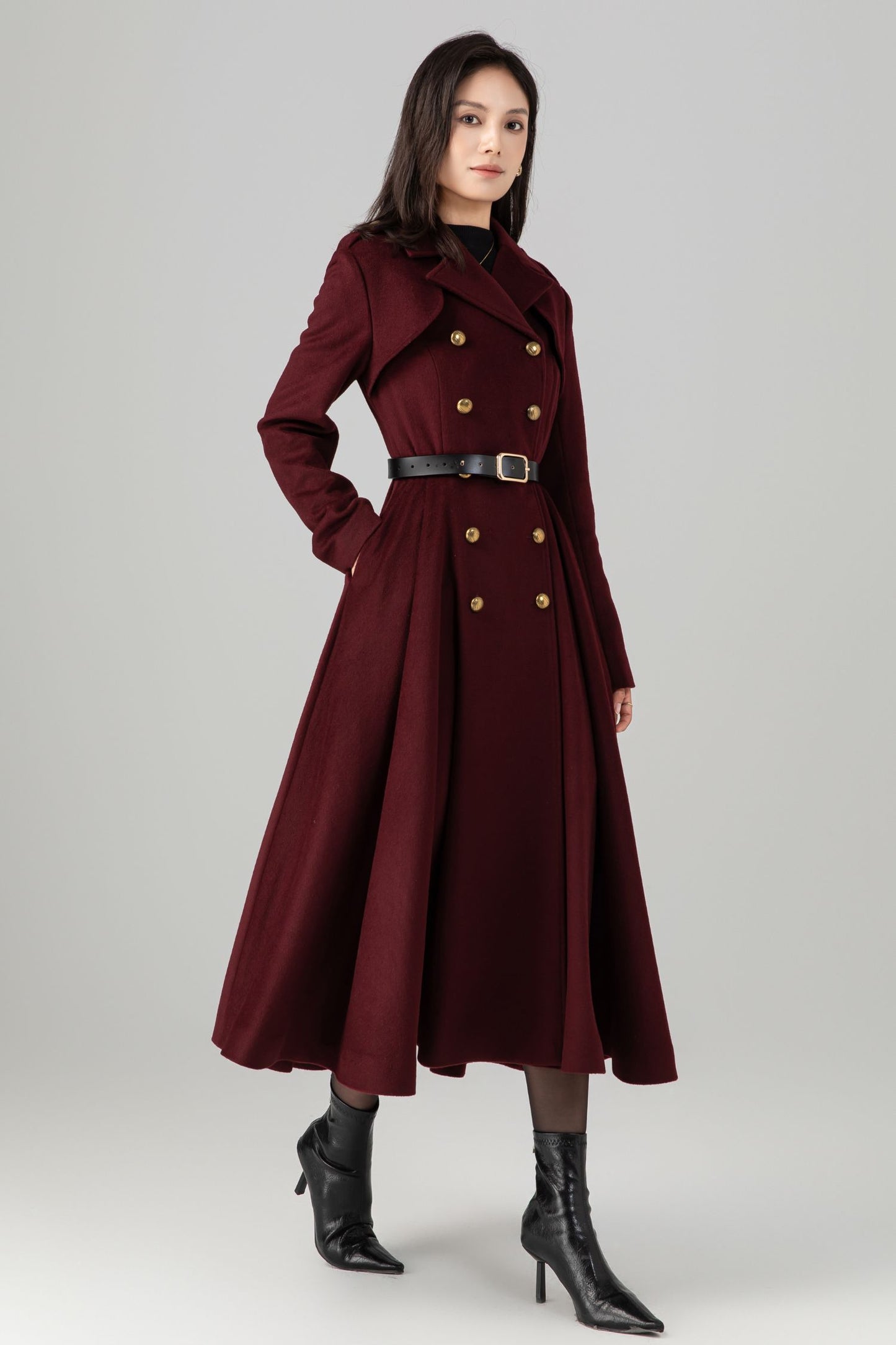 Burgundy winter long warm wool coat C5271