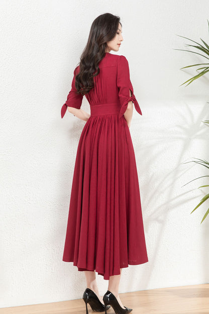 Burgundy fit and flare linen dress C4771