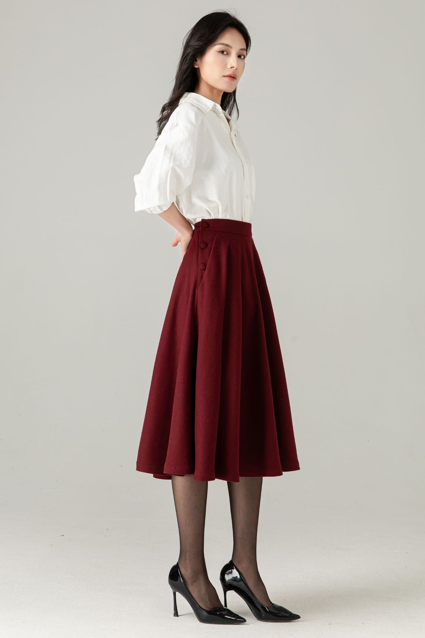 Burgundy Wool Midi Skirt: High Waist Winter A-Line Swing Skirt with Pockets, Ylistyle C5371