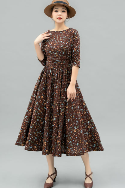 Vintage Inspired Floral Linen Midi Dress C4745