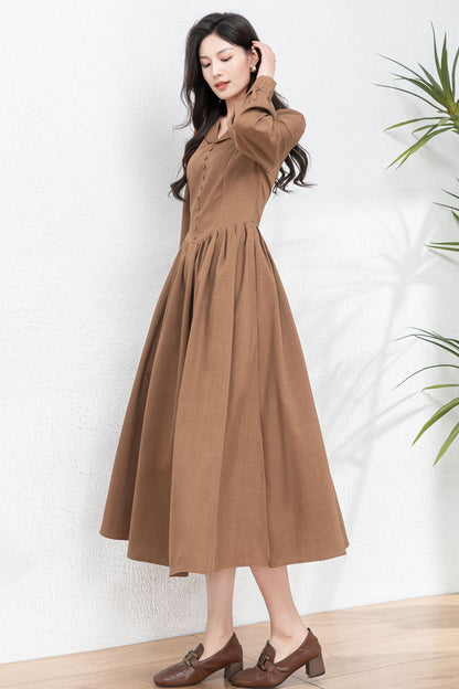 Vintage-Inspired Shirt Dress – Long Sleeve Midi Dress C4759