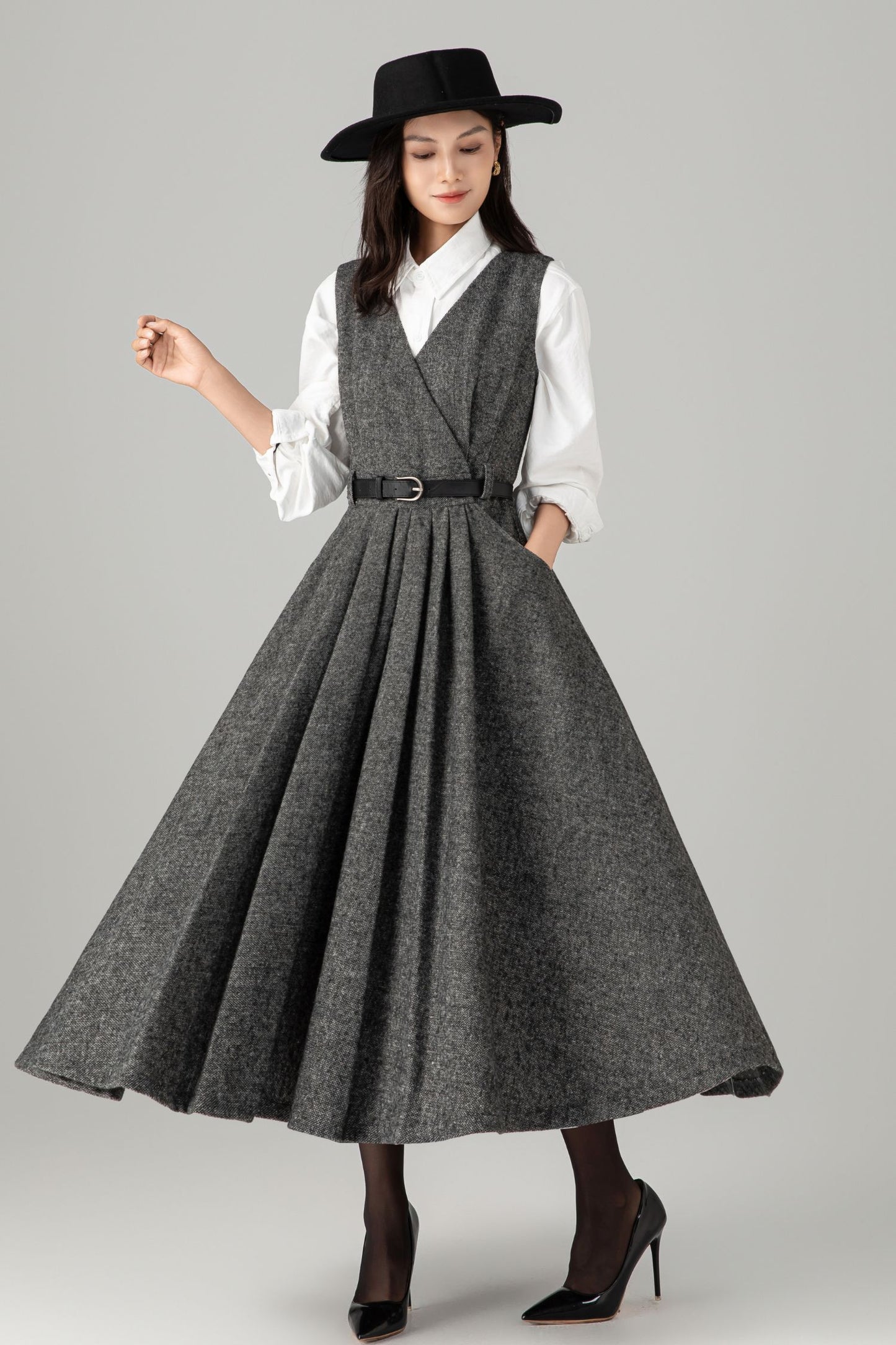 Sleeveless winter wool dress women C5278