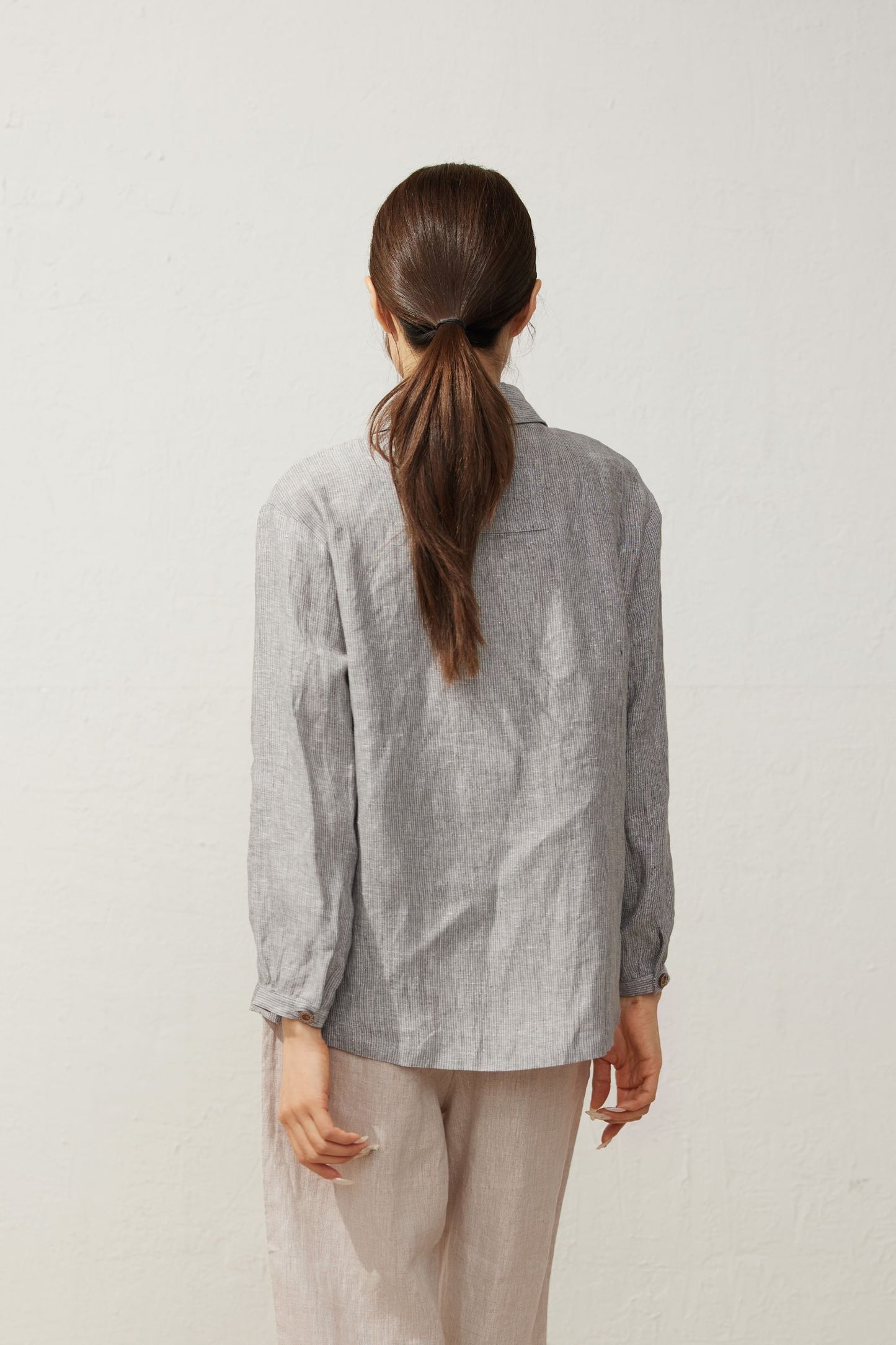 Women's Casual Light Grey Striped Linen Shirt C3937