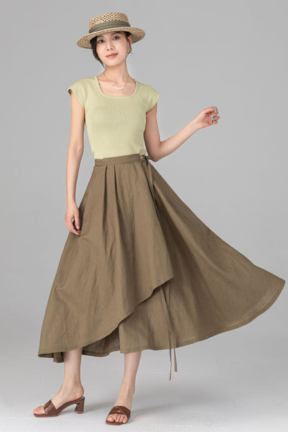Green Linen Cotton Wrap Midi Skirt - Asymmetrical Flowy Pleated A-Line c5519