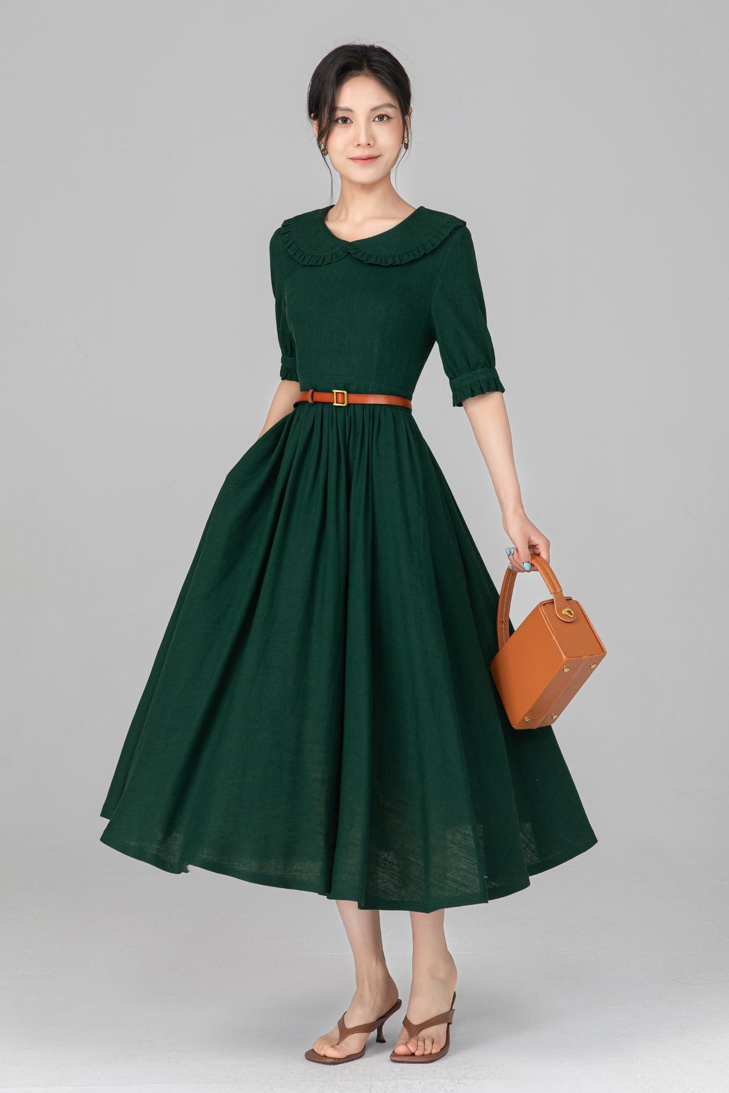 Dark Green Linen Midi Dress - Peter Pan Collar, Puff Sleeve c5515