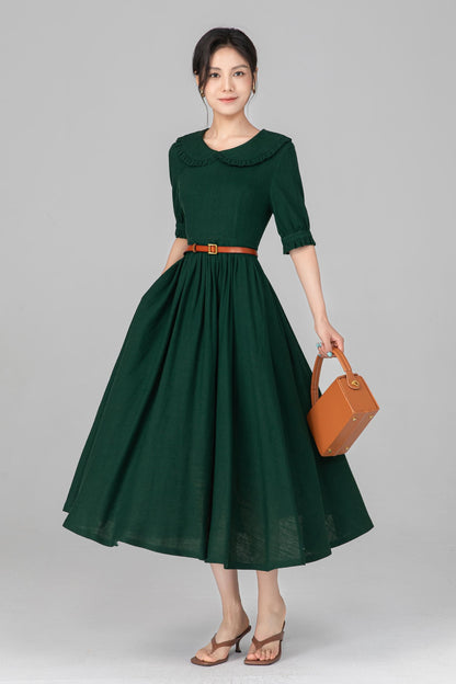 Dark Green Linen Midi Dress - Peter Pan Collar, Puff Sleeve c5515