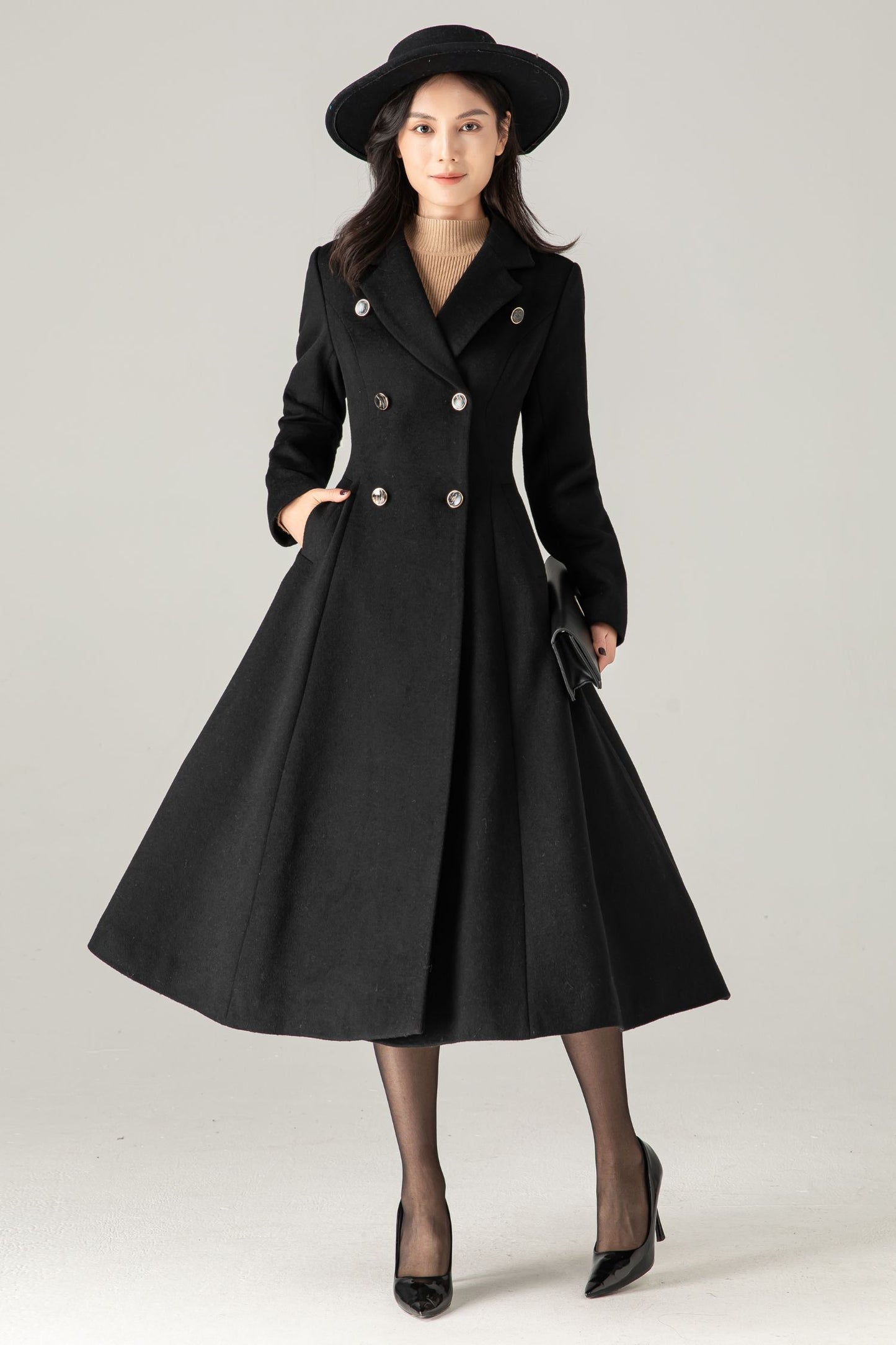 Black Wool-Blend Maxi Coat: Double-Breasted Belted Swing Overcoat, Ylistyle C5372