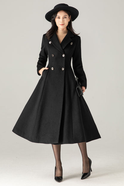 Black Wool-Blend Maxi Coat: Double-Breasted Belted Swing Overcoat, Ylistyle C5372