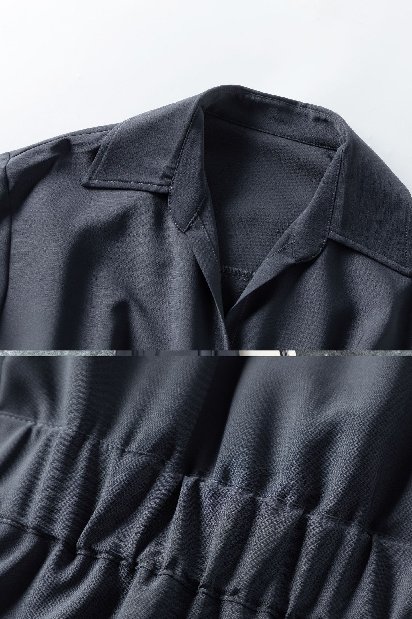Gray Polyester Shirt Midi Dress - Pleated Flared Skirt c5471