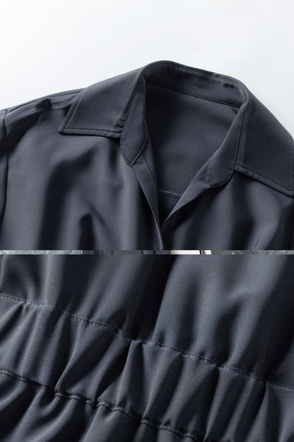 Gray Polyester Shirt Midi Dress - Pleated Flared Skirt c5471