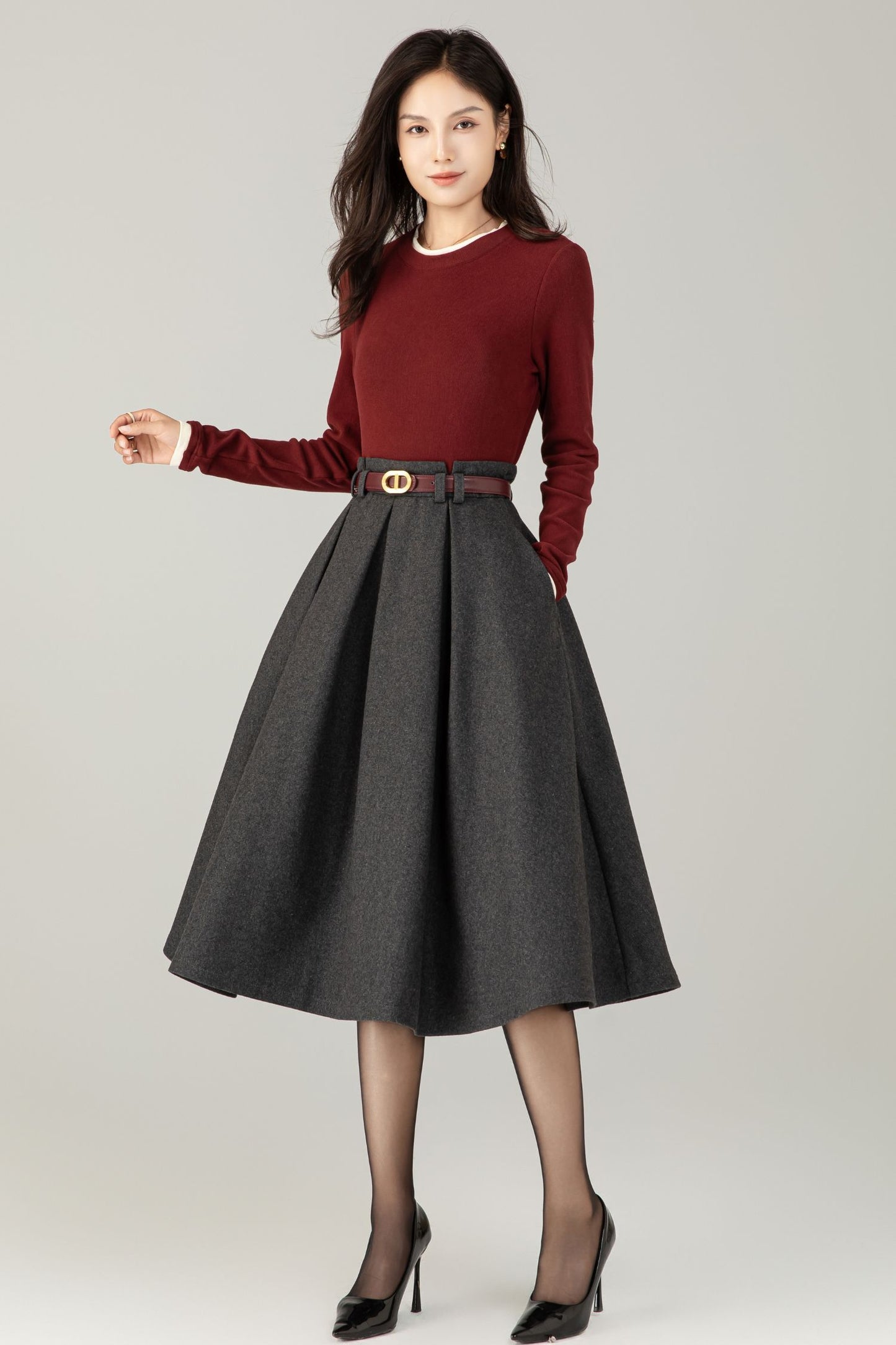 High waist a line gray winter wool skirt C5240