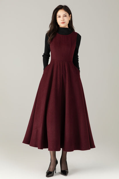 Burgundy Wool maxi Dress: Sleeveless A-Line Swing Jumper, Ylistyle C5239