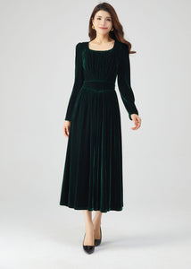 Green Velvet Autumn Dress Women C4328