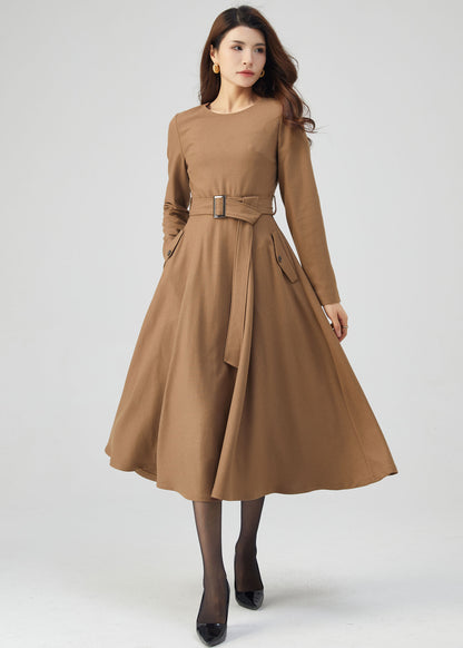 Midi Wool Dress, Belted Dress, Fit and Flare Dress C4719