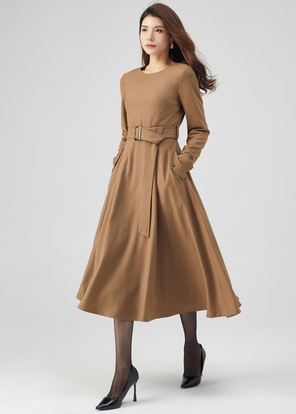 Midi Wool Dress, Belted Dress, Fit and Flare Dress C4719