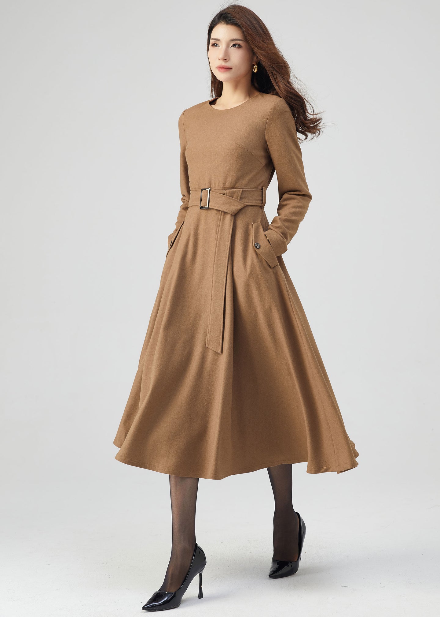 Midi Wool Dress, Belted Dress, Fit and Flare Dress C3543