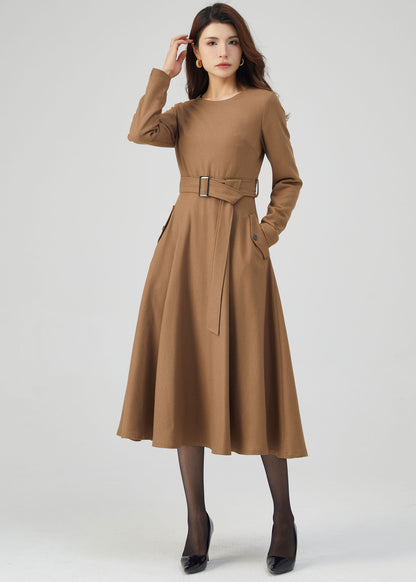 Midi Wool Dress, Belted Dress, Fit and Flare Dress C4719