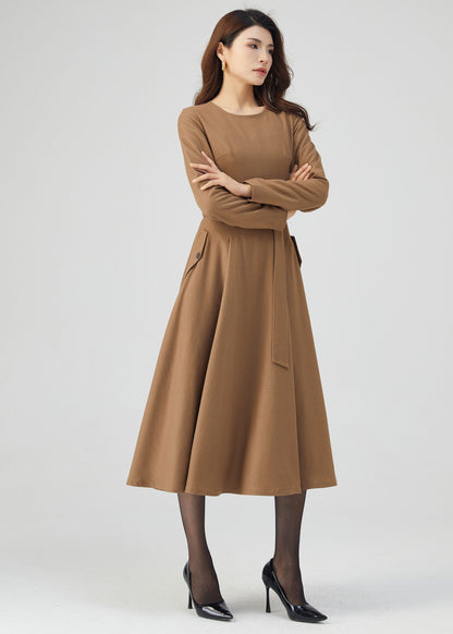 Midi Wool Dress, Belted Dress, Fit and Flare Dress C4719