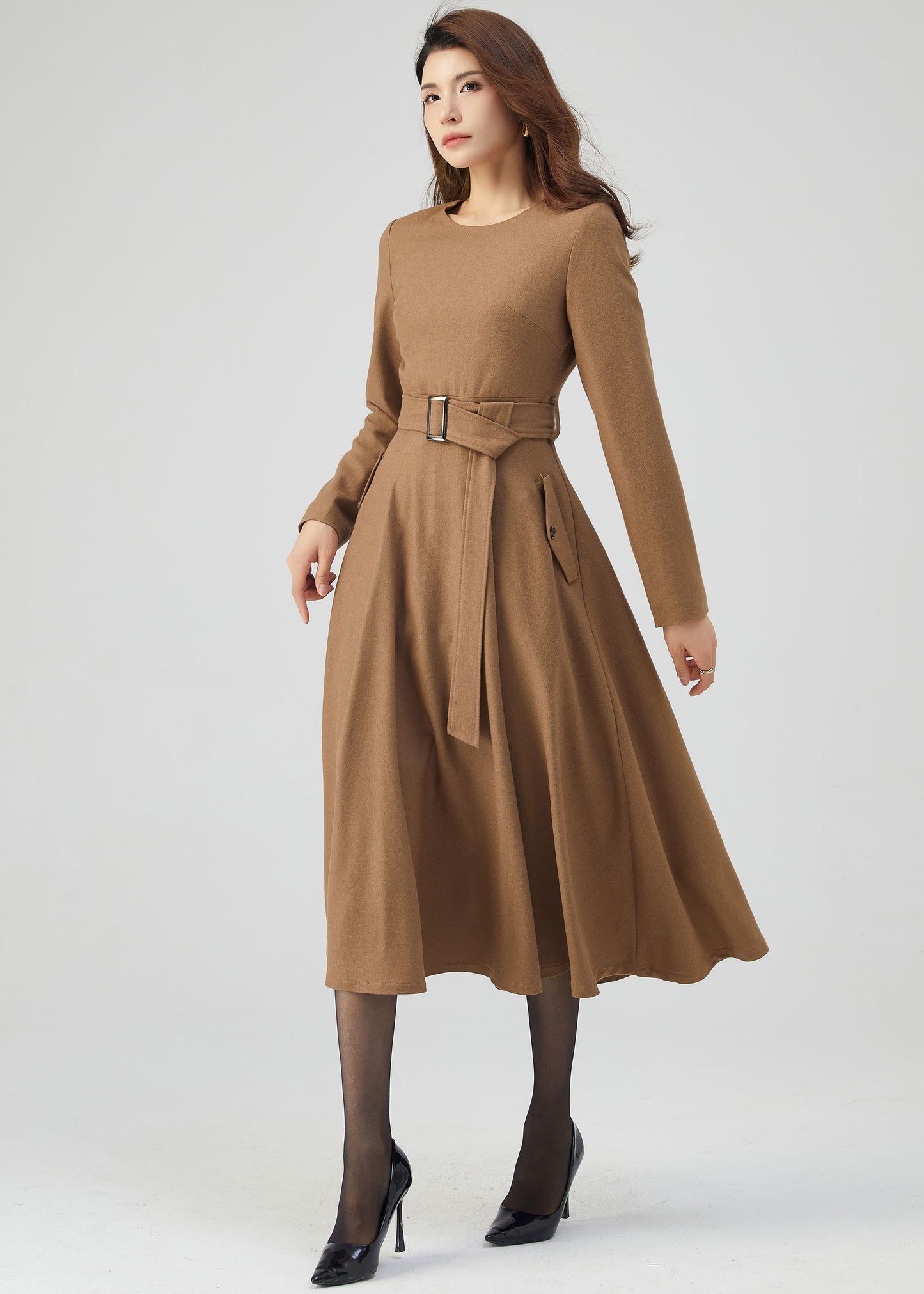 Midi Wool Dress, Belted Dress, Fit and Flare Dress C4719