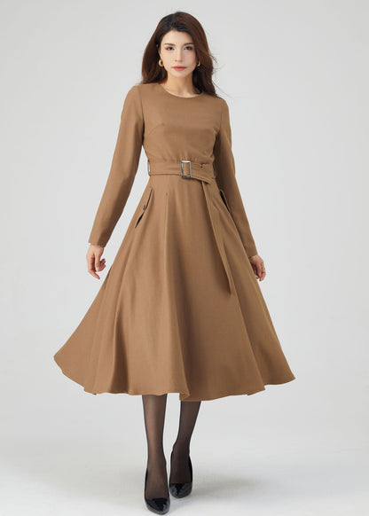 Midi Wool Dress, Belted Dress, Fit and Flare Dress C4719